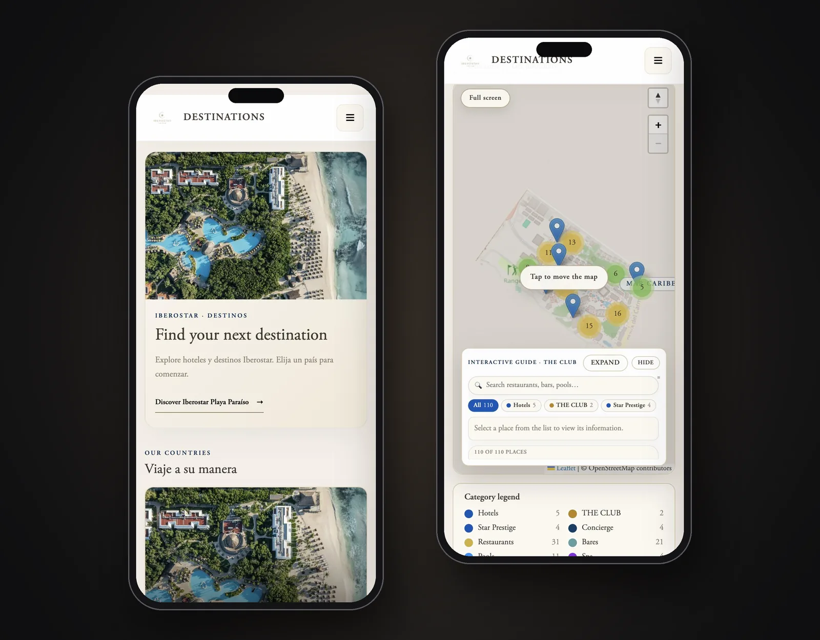 The Club Explorer app: destinations screen and interactive resort map with The Club and Star Prestige points
