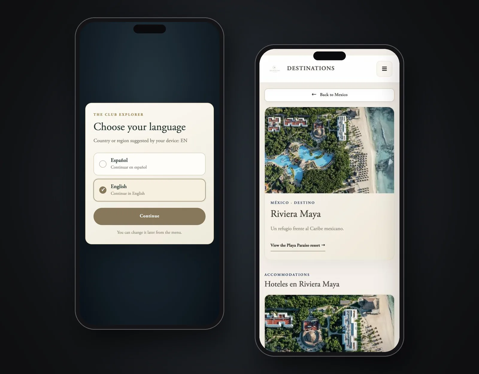 The Club Explorer app: bilingual welcome screen and Riviera Maya destination page